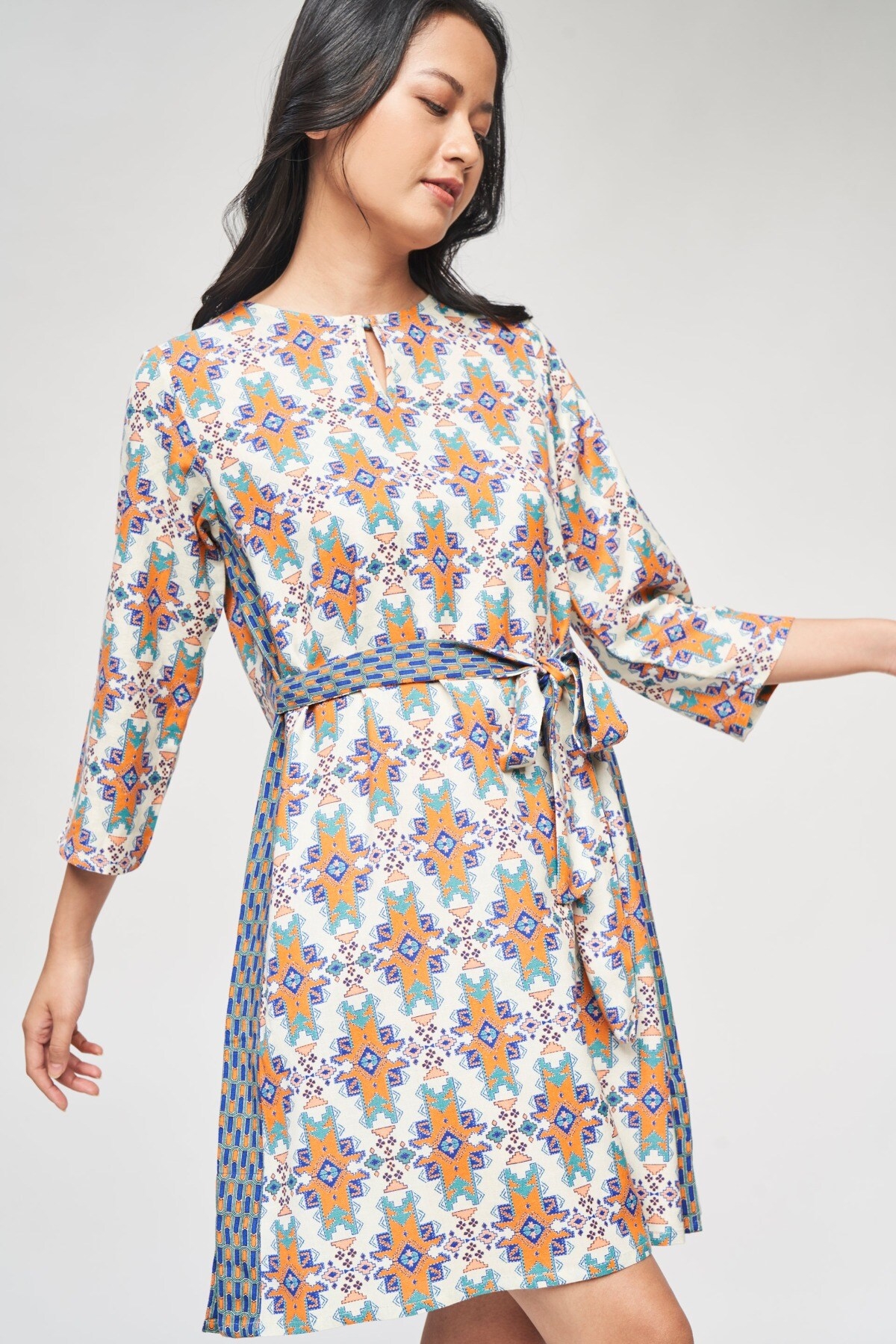 Global Desi | Off White Geometric Printed A-Line Dress 3