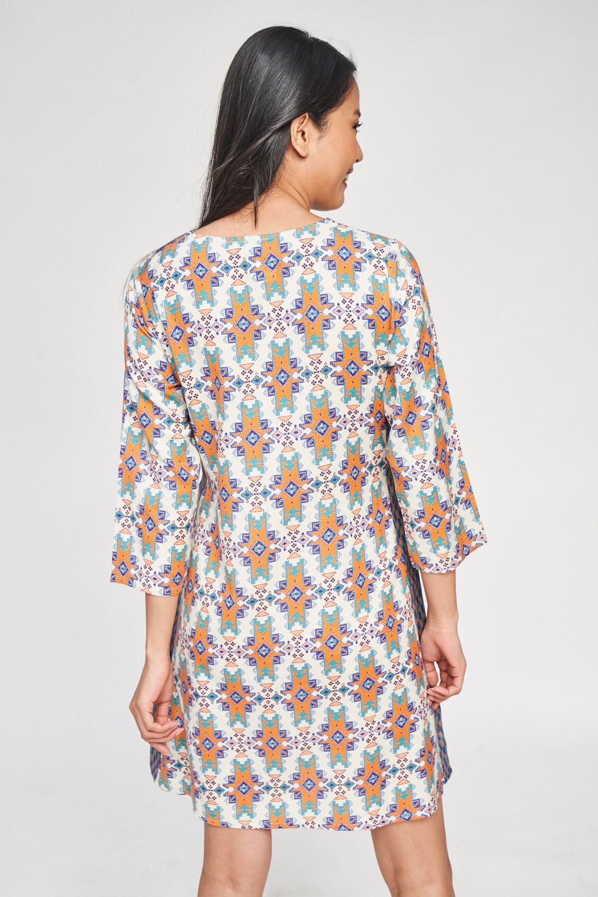 Global Desi | Off White Geometric Printed A-Line Dress 5