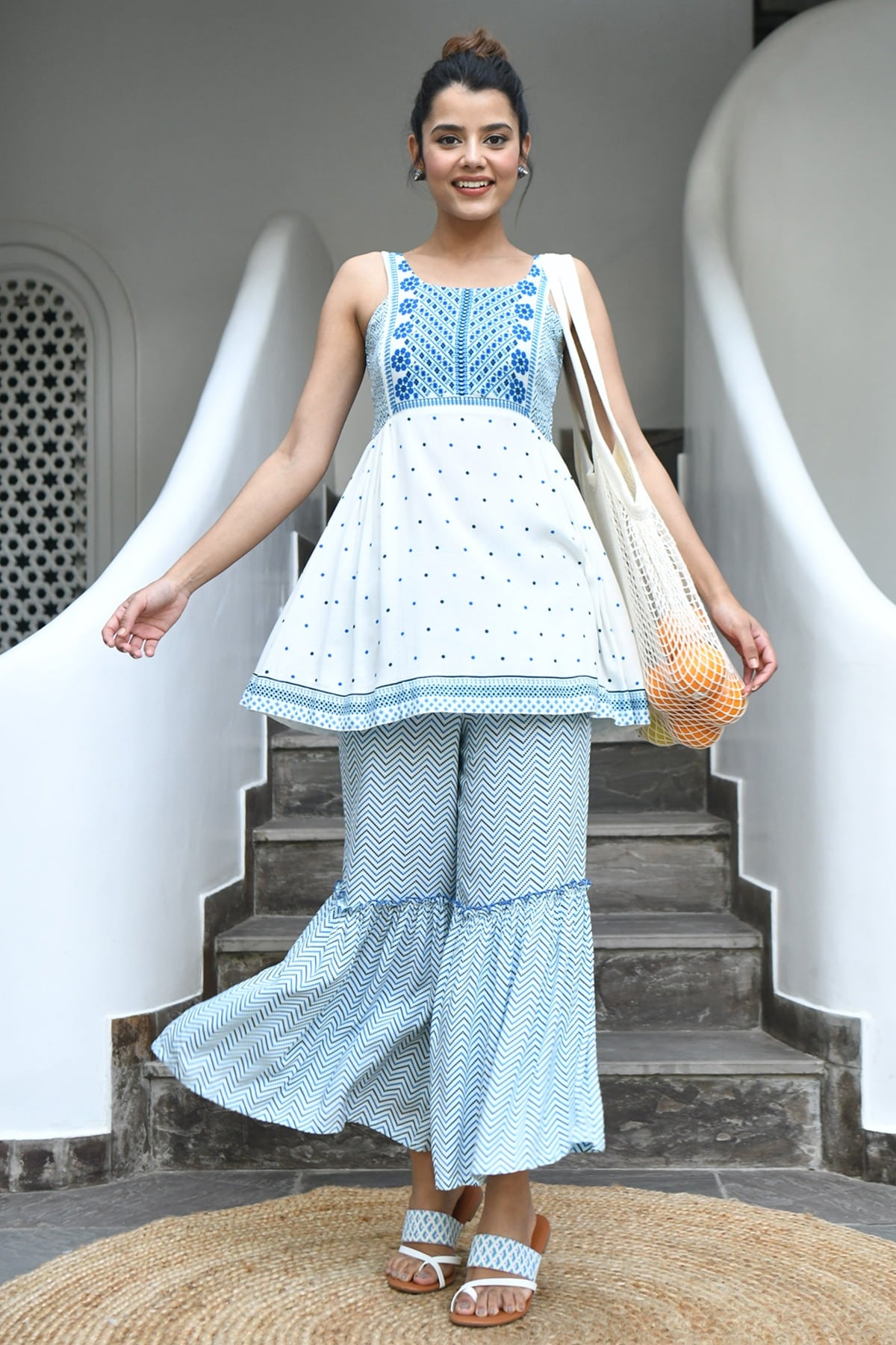 White Geometric Fit & Flare Suit