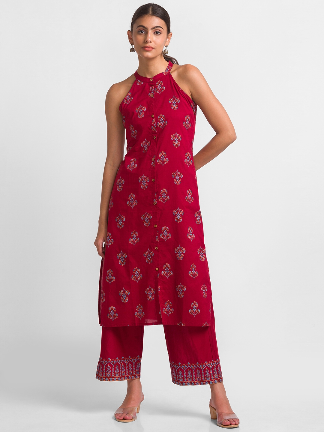 globus | Women's Red Cotton Printed Kurta & Pants 0