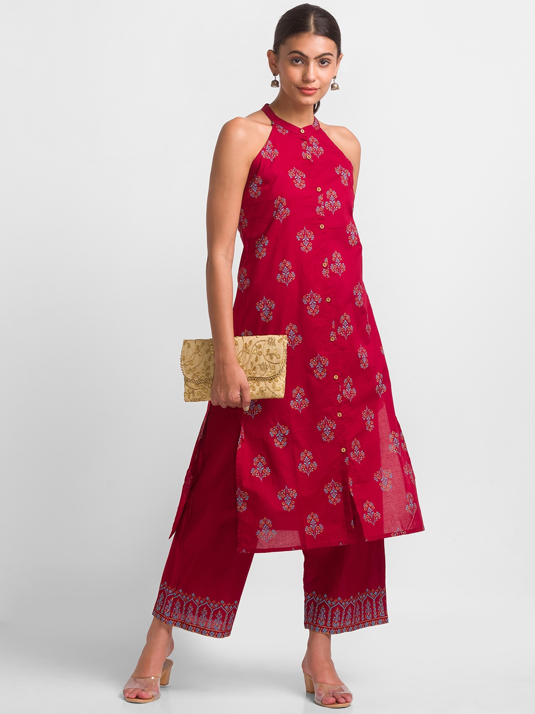globus | Women's Red Cotton Printed Kurta & Pants 1