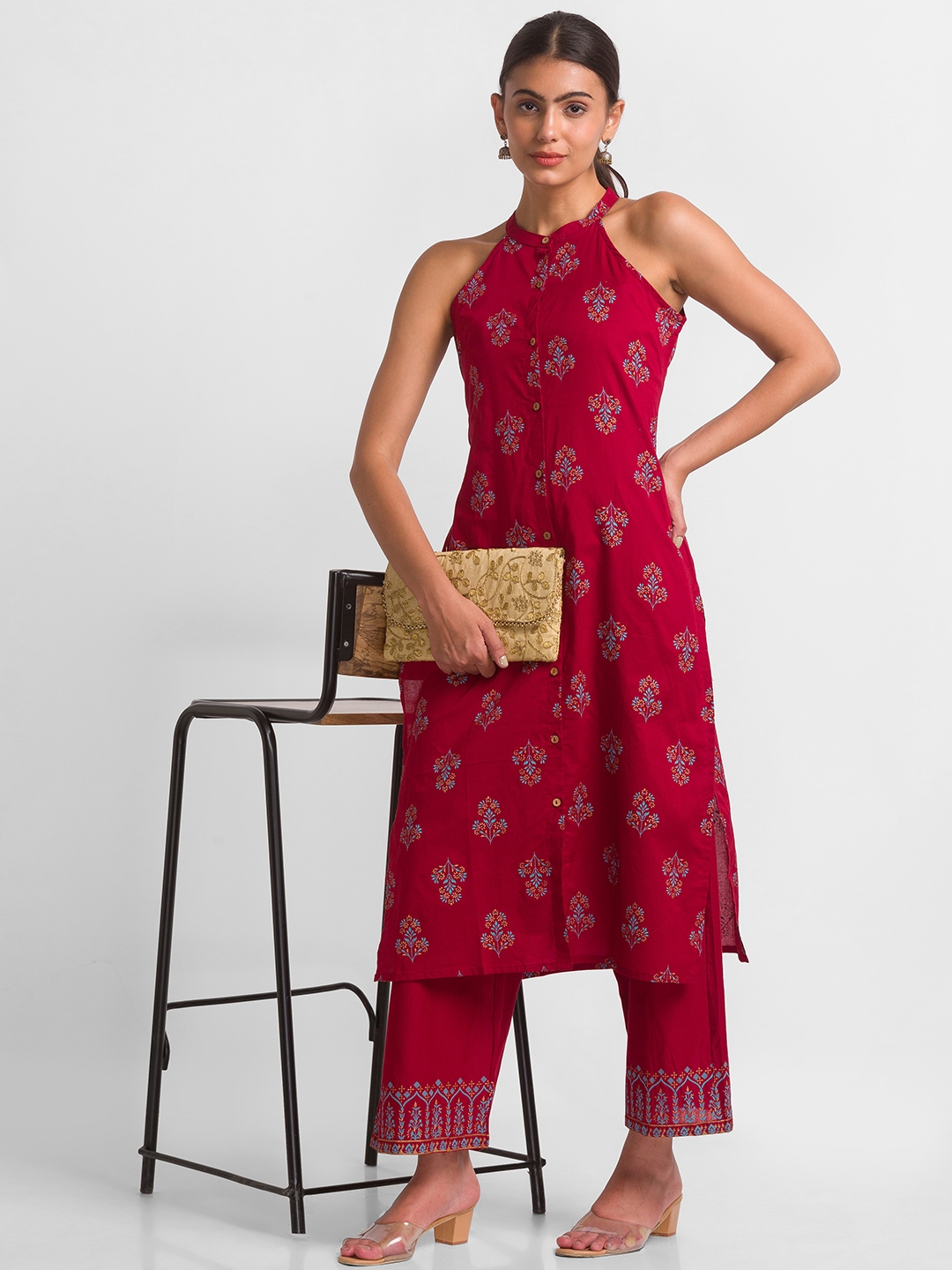 globus | Women's Red Cotton Printed Kurta & Pants 5
