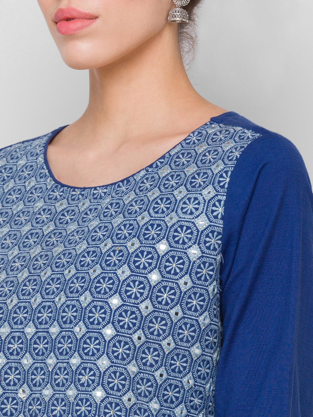 globus | Women's Blue Cotton Embroidered Kurtas 4