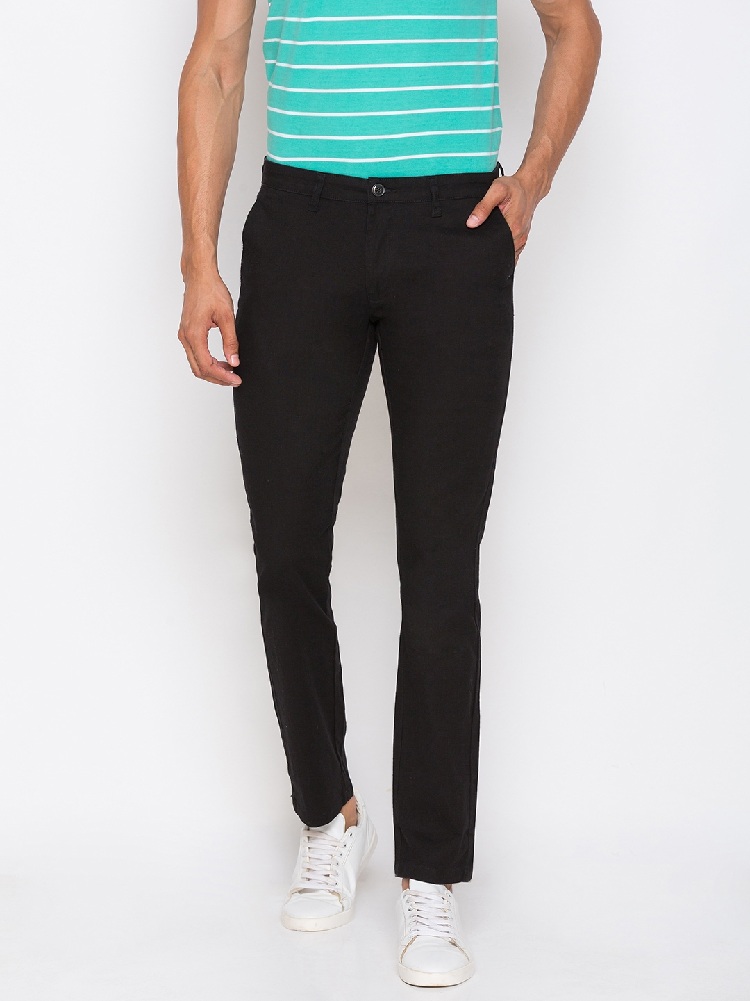 globus | Men's Black Cotton Solid Trousers 0