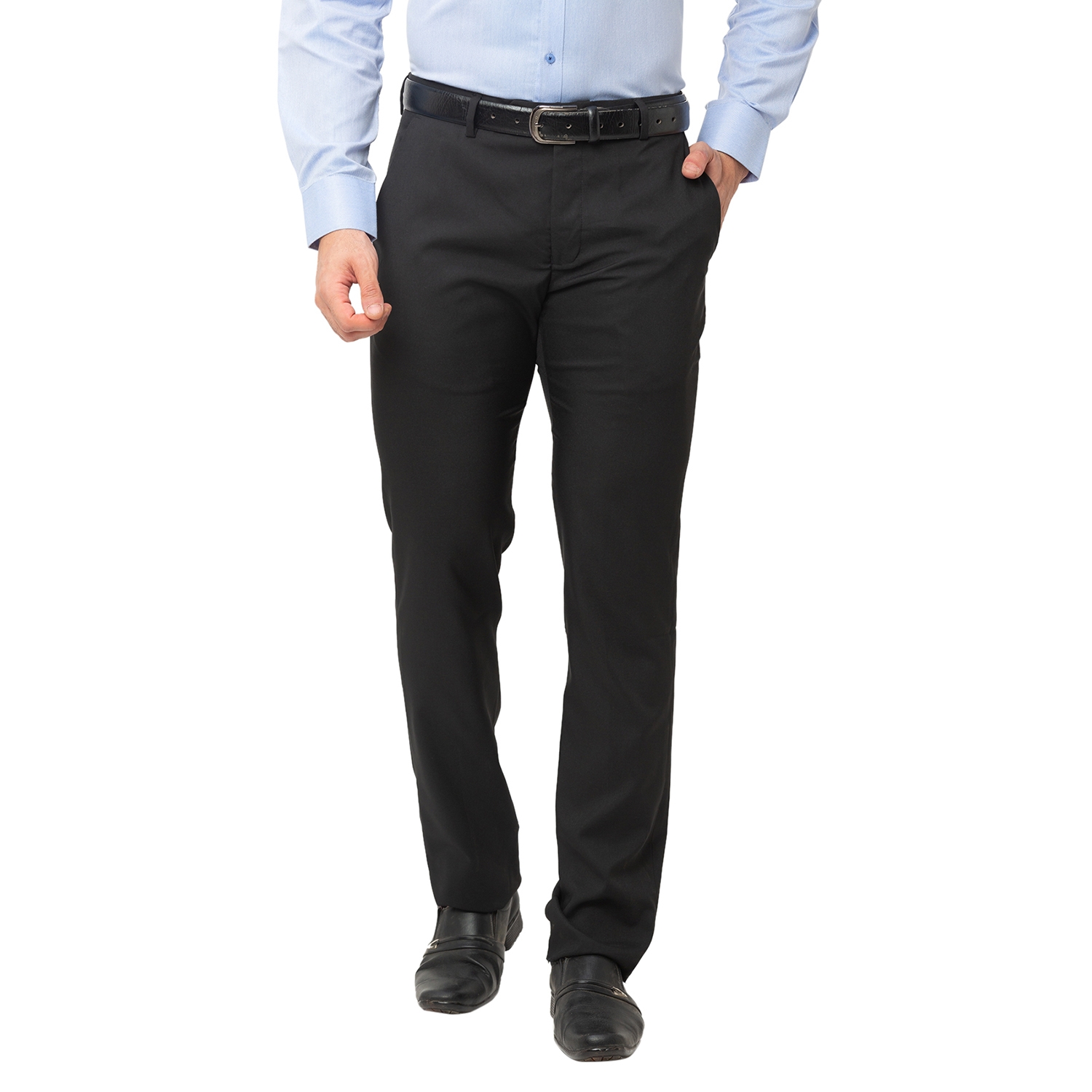 globus | Men's Black Cotton Blend Solid Formal Trousers 0