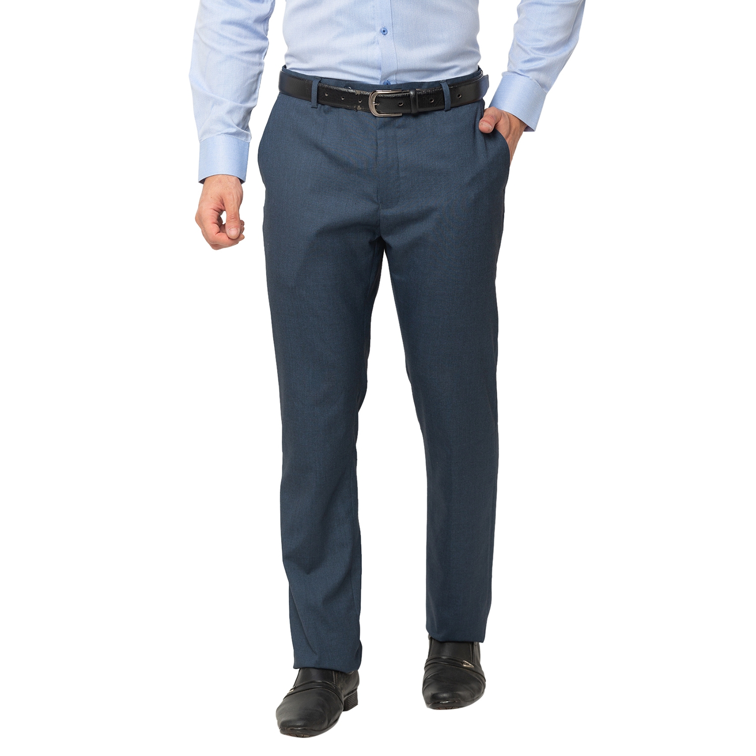globus | Men's Blue Cotton Blend Solid Formal Trousers 0