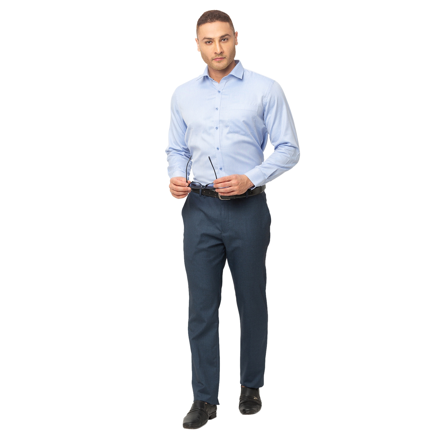 globus | Men's Blue Cotton Blend Solid Formal Trousers 1