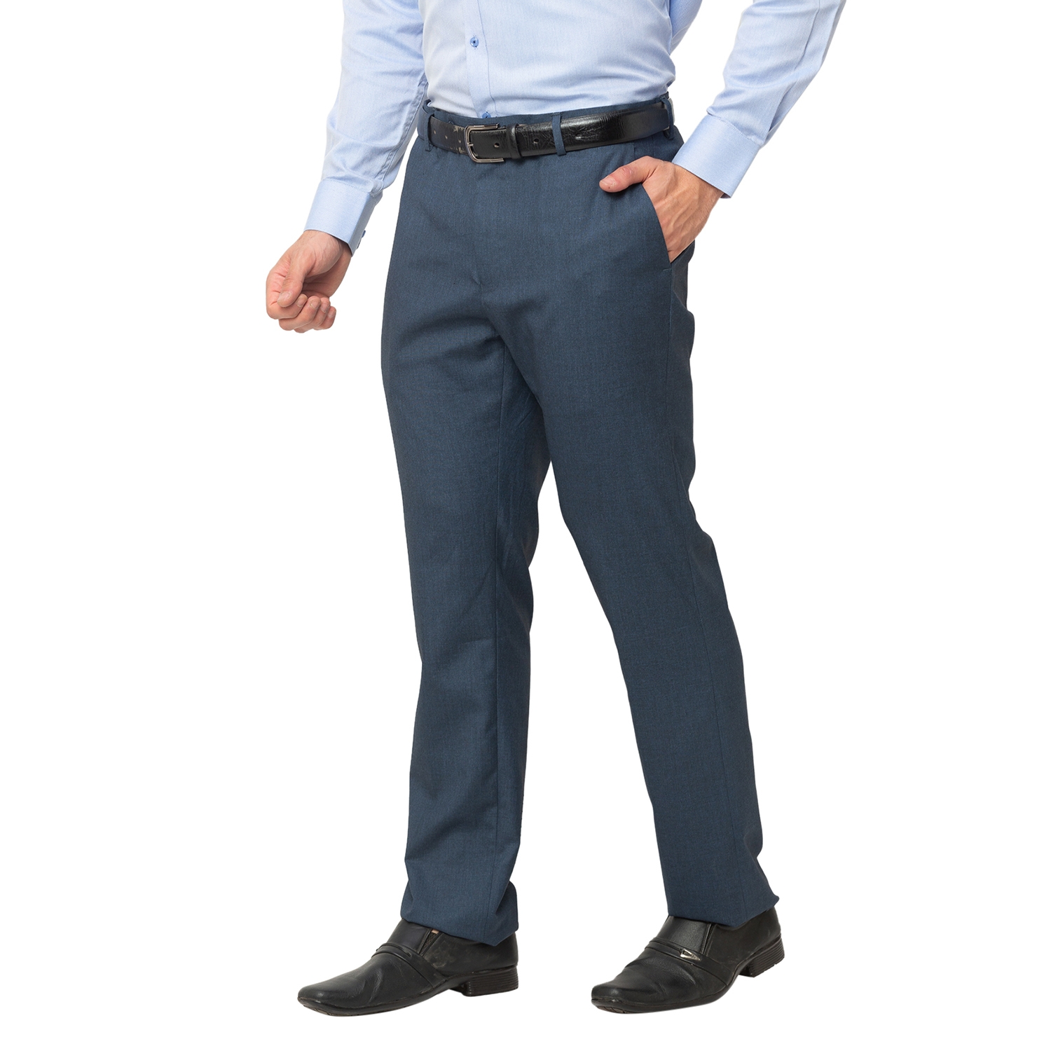 globus | Men's Blue Cotton Blend Solid Formal Trousers 3
