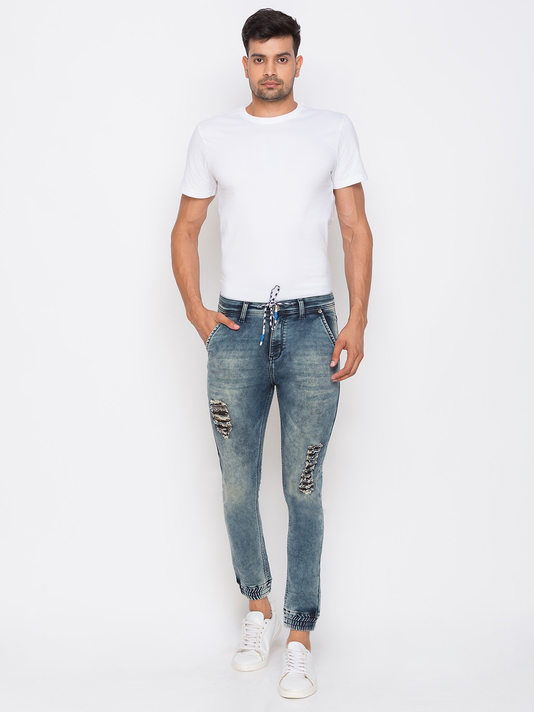 globus | Men's Blue Denim Solid Joggers Jeans 4