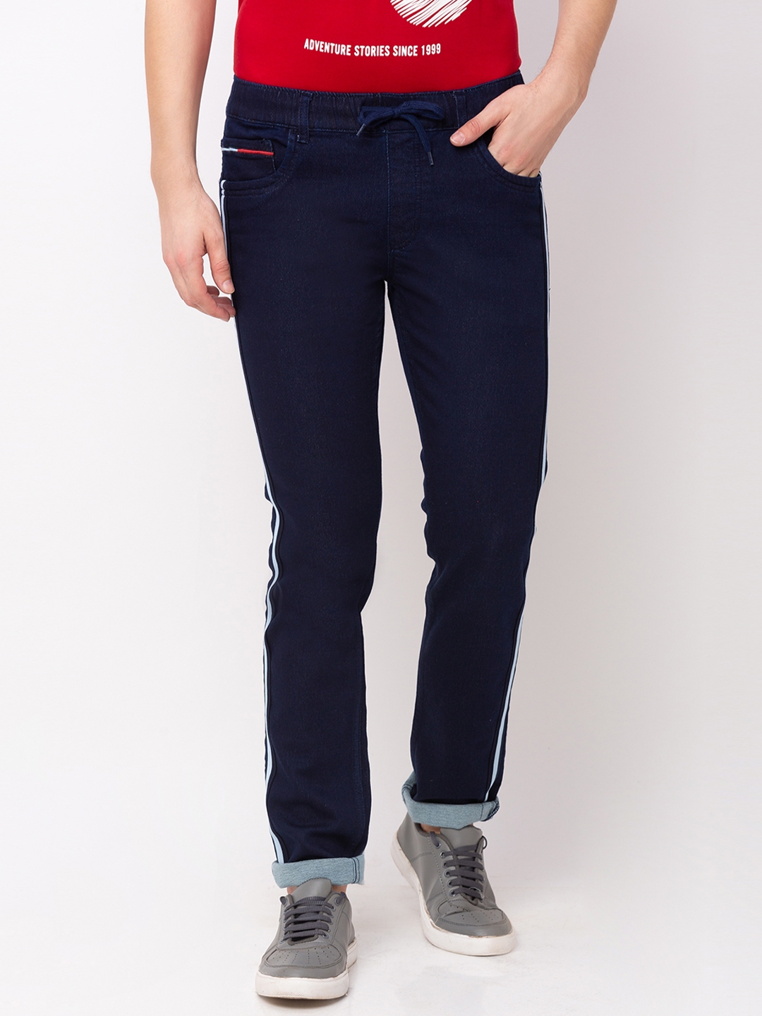 globus | Men's Blue Polycotton Striped Joggers Jeans 0