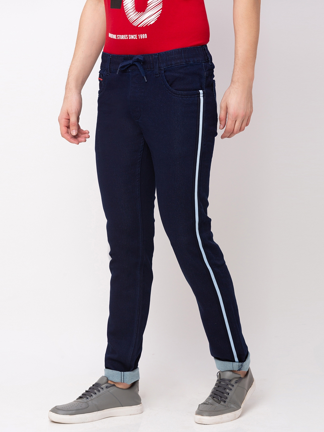 globus | Men's Blue Polycotton Striped Joggers Jeans 1