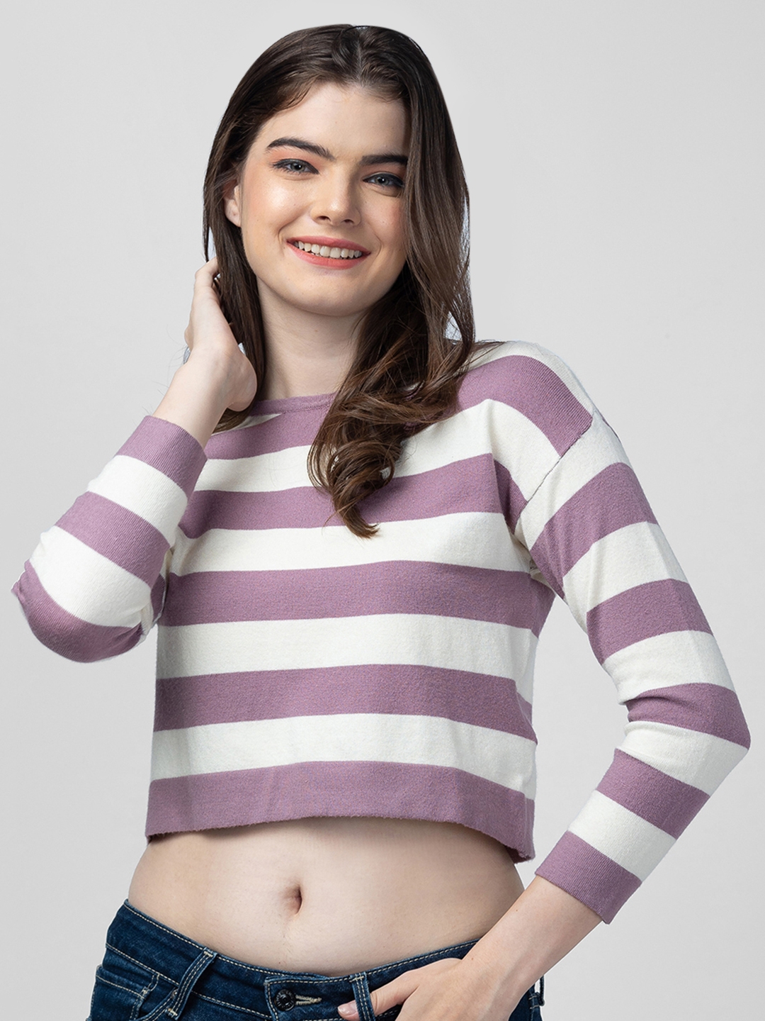 globus | Globus Women Lavender Striped Pullover Crop Sweater 0