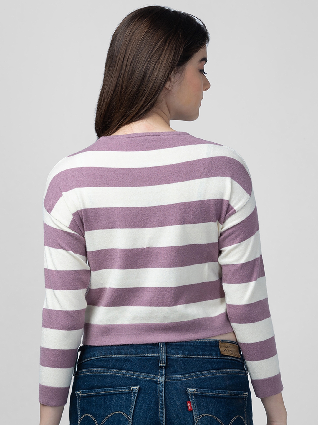 globus | Globus Women Lavender Striped Pullover Crop Sweater 1
