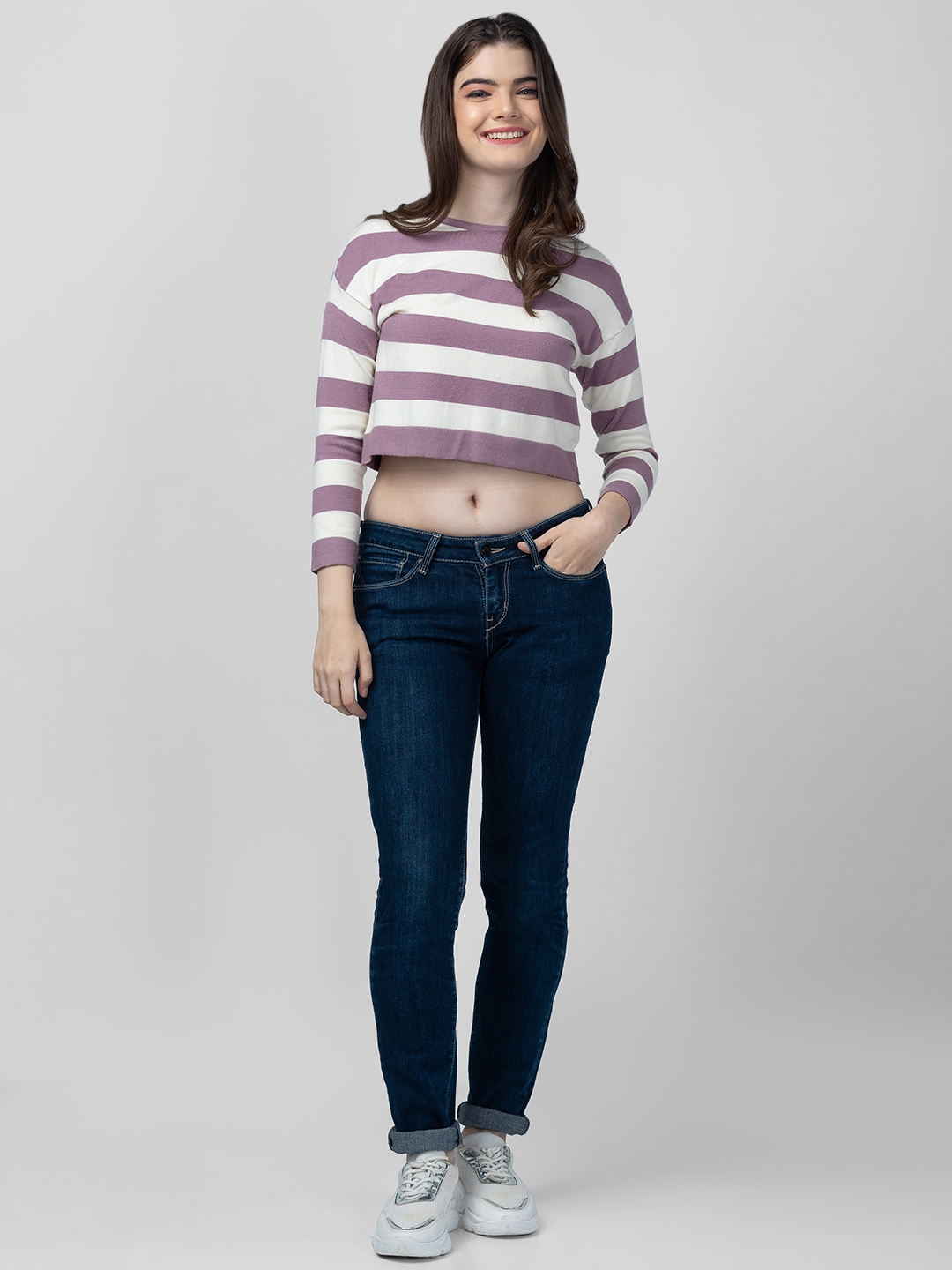 globus | Globus Women Lavender Striped Pullover Crop Sweater 2