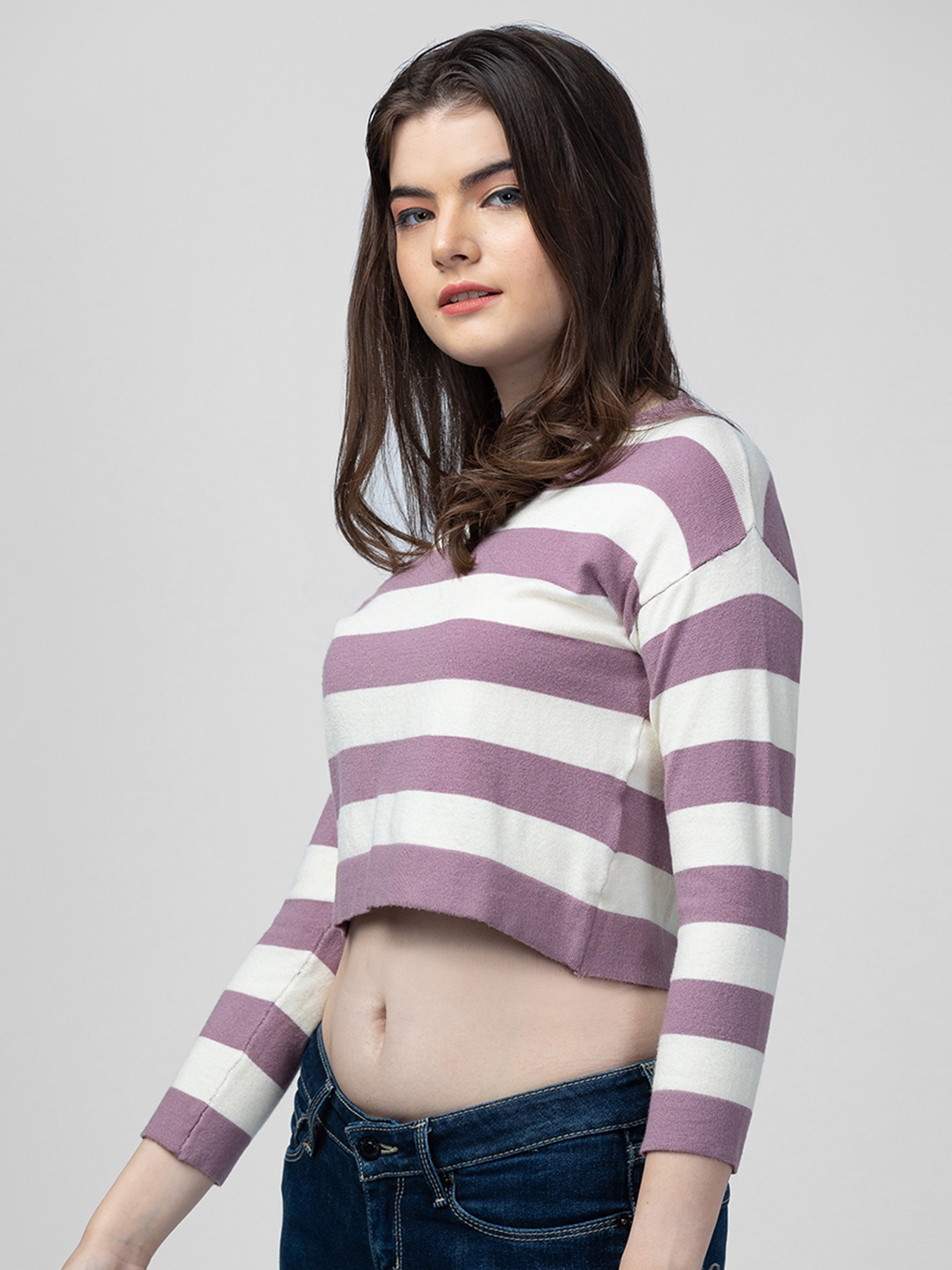 globus | Globus Women Lavender Striped Pullover Crop Sweater 3