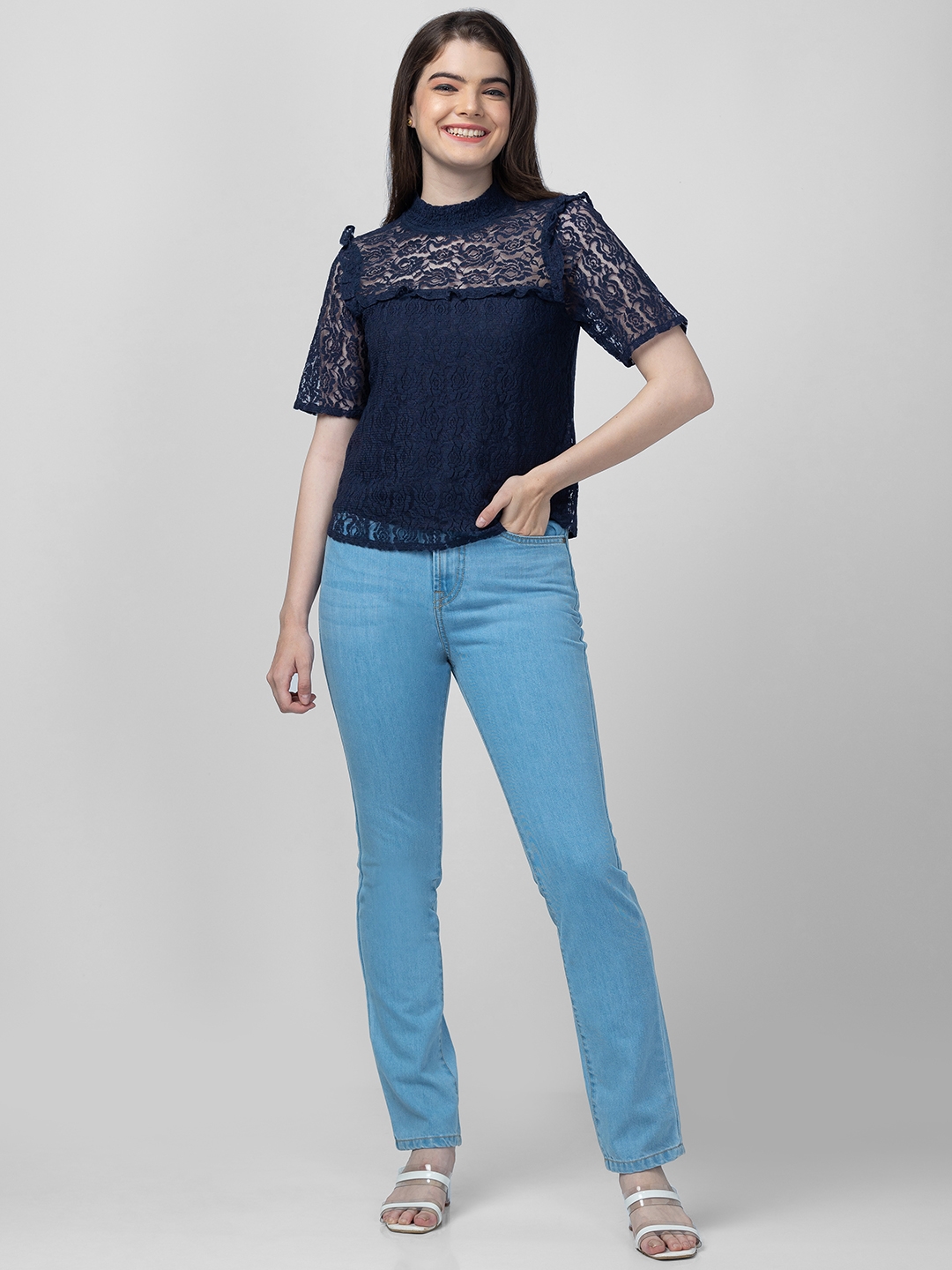 Globus Women Navy Self Design Round Neck Lace Top