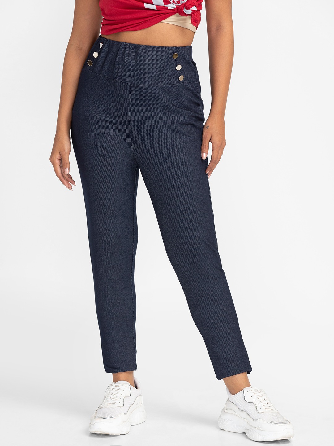 Women's Blue Polyester Solid Trousers