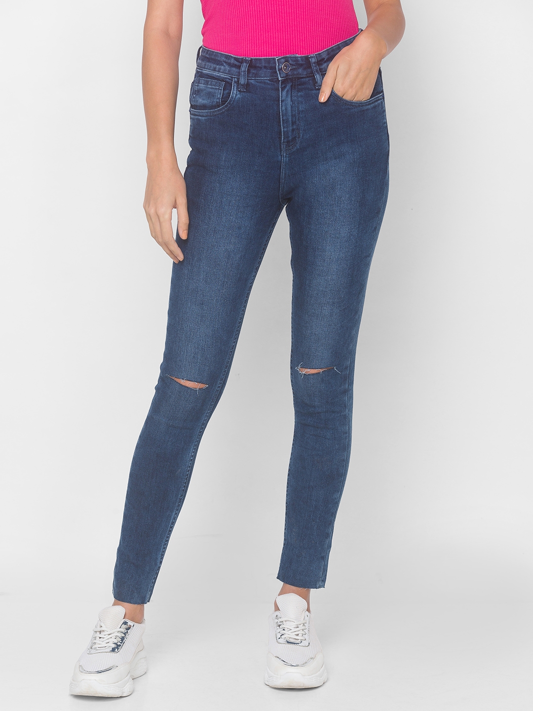 globus | Women's Blue Cotton Solid Ripped Jeans 0