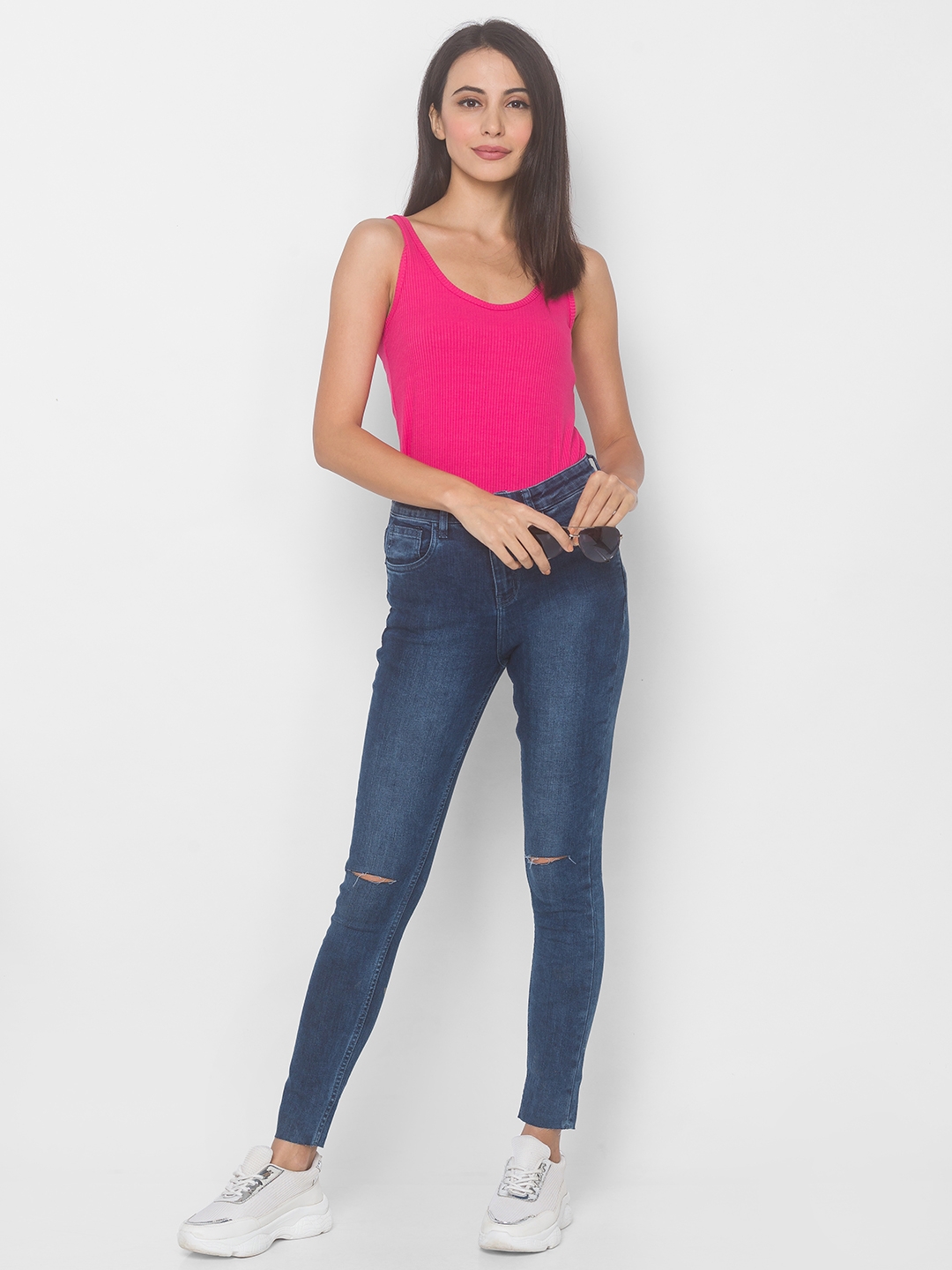 globus | Women's Blue Cotton Solid Ripped Jeans 1