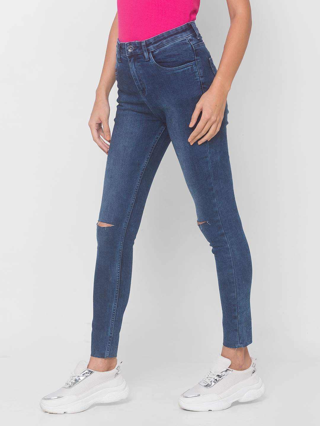 globus | Women's Blue Cotton Solid Ripped Jeans 3