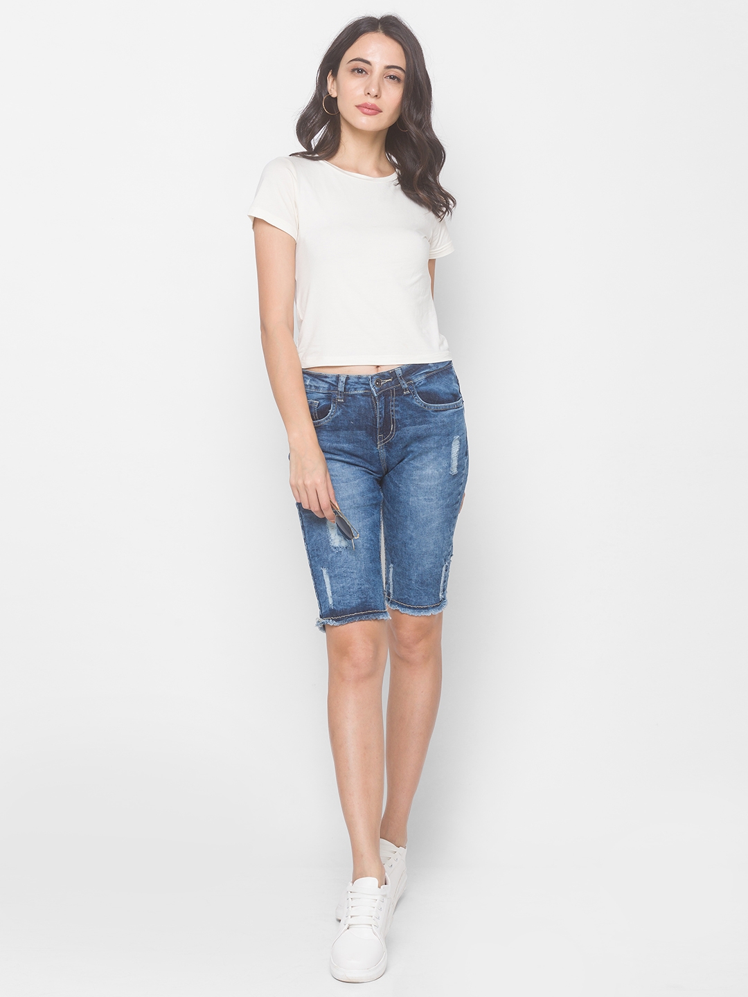 globus | Women's Blue Denim Solid Shorts 4