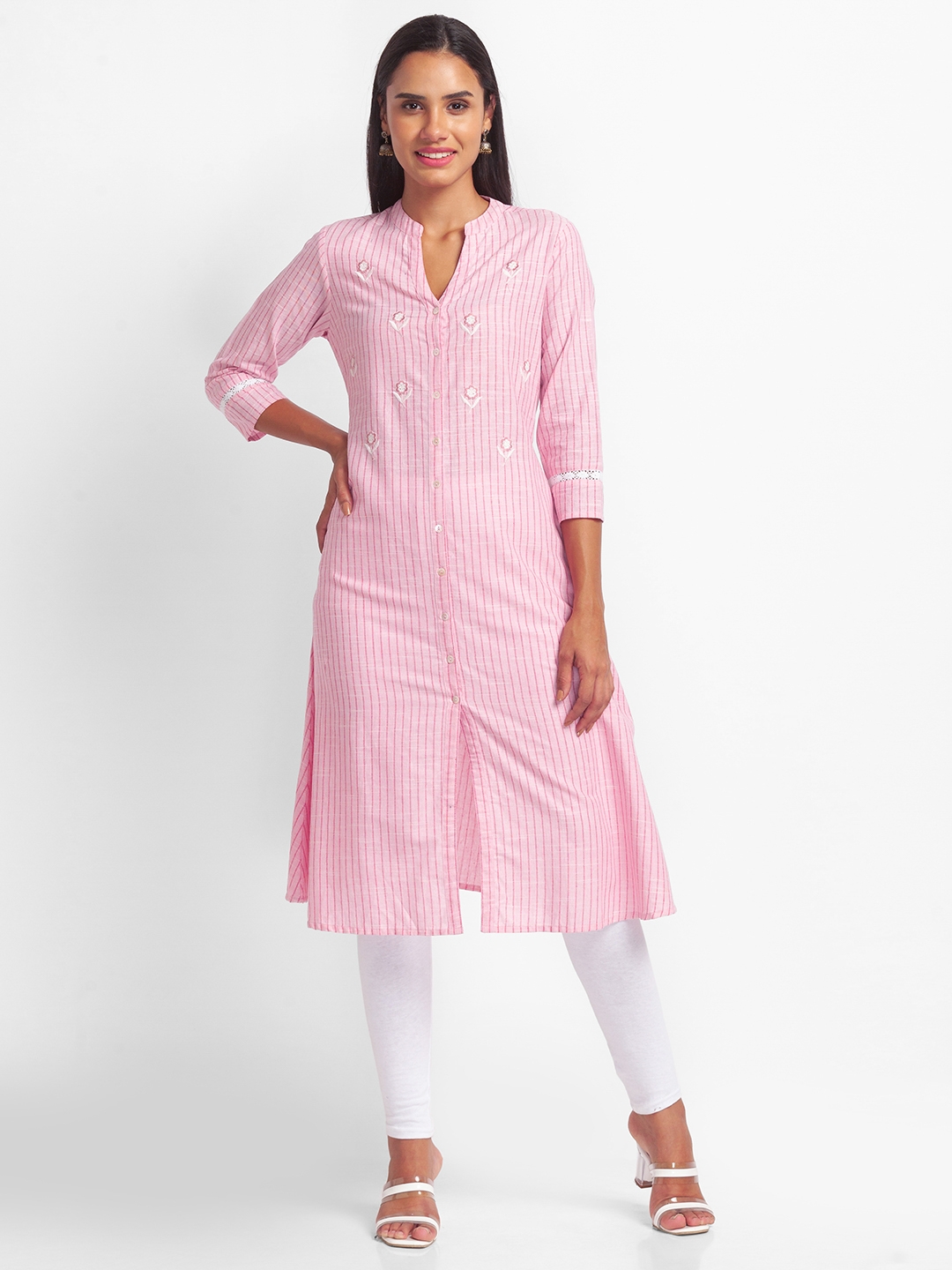 globus | Women's Pink Cotton Striped Kurtas 0