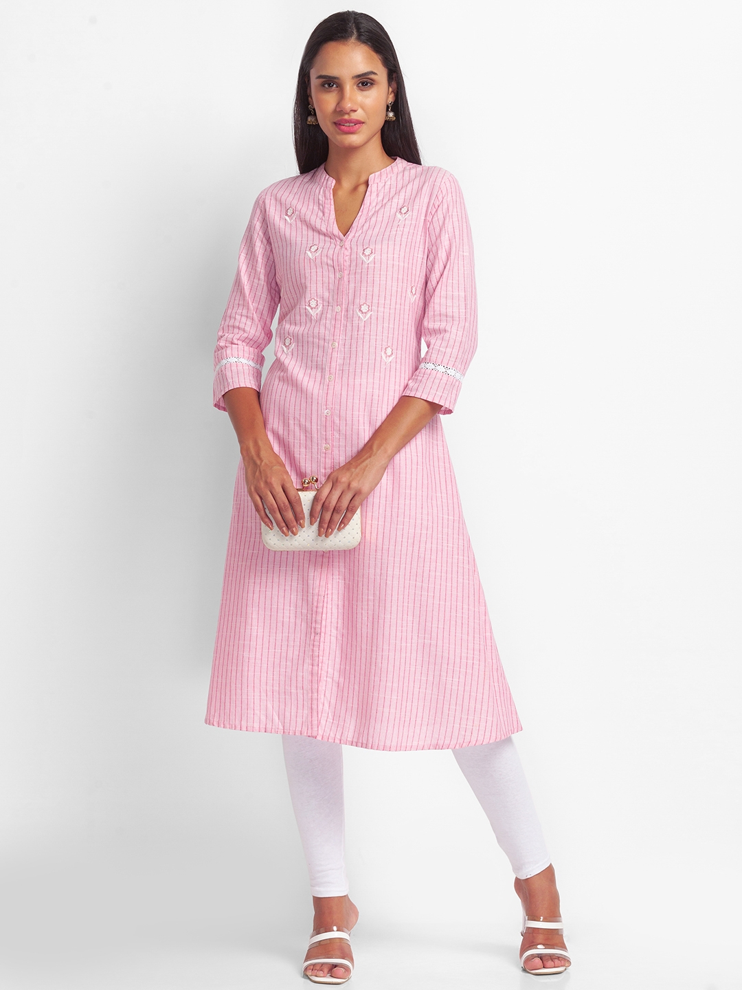 globus | Women's Pink Cotton Striped Kurtas 1