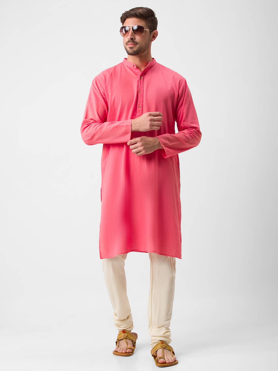 globus | Men's Pink Cotton Solid Kurtas 1