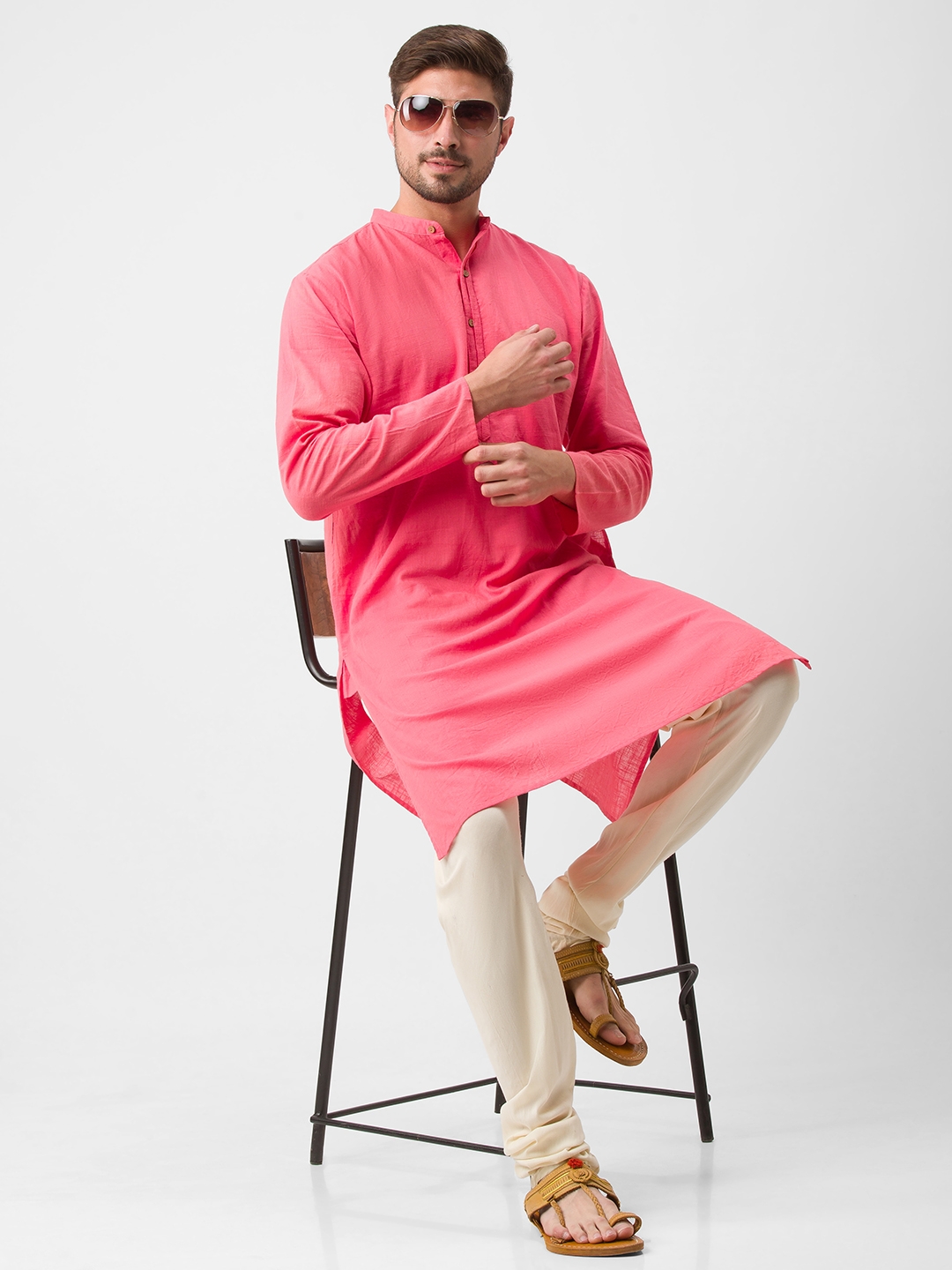 globus | Men's Pink Cotton Solid Kurtas 5