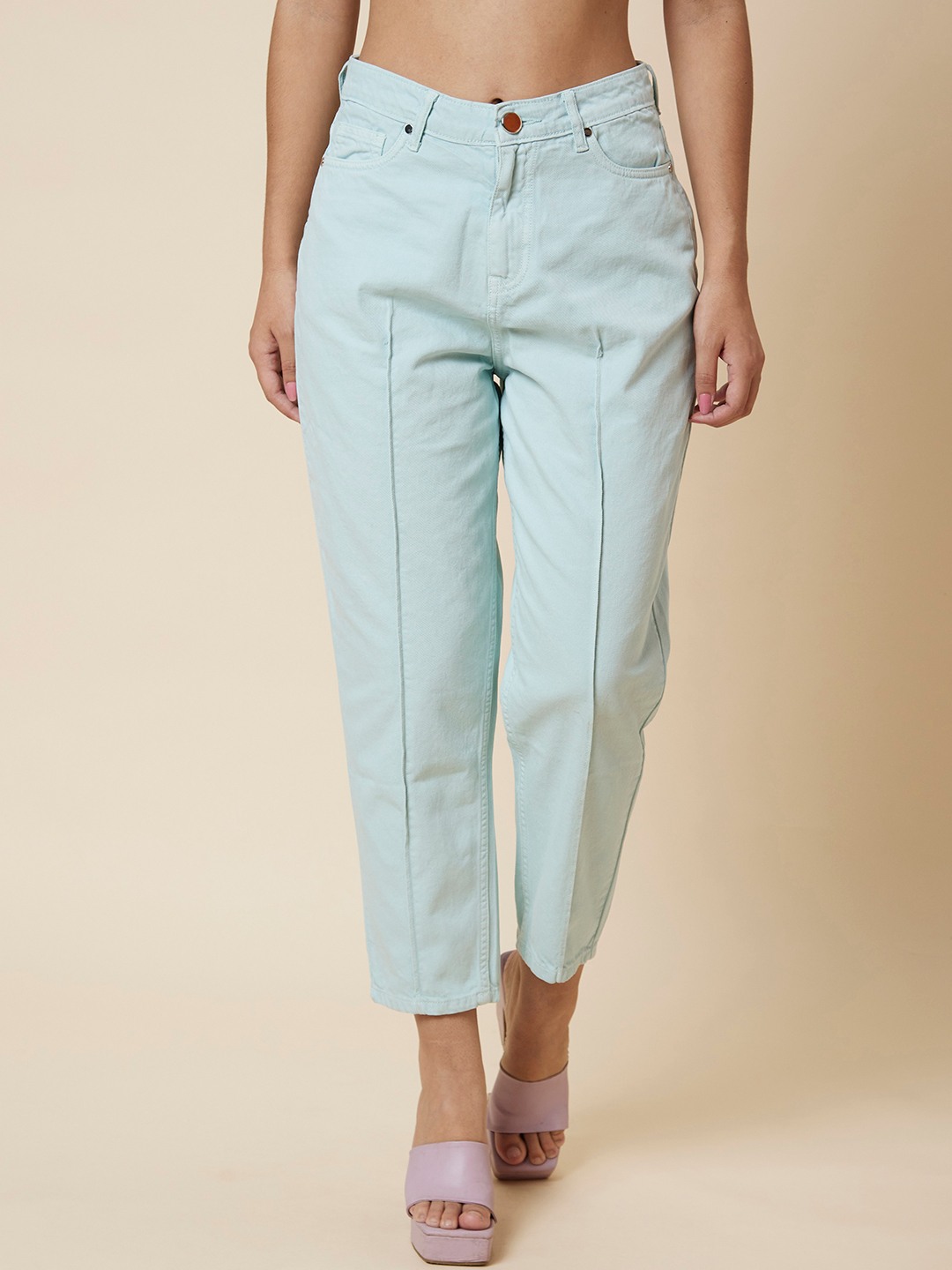 Globus Women Mint Green Mid-Rise Boyfriend Fit Cropped Jeans