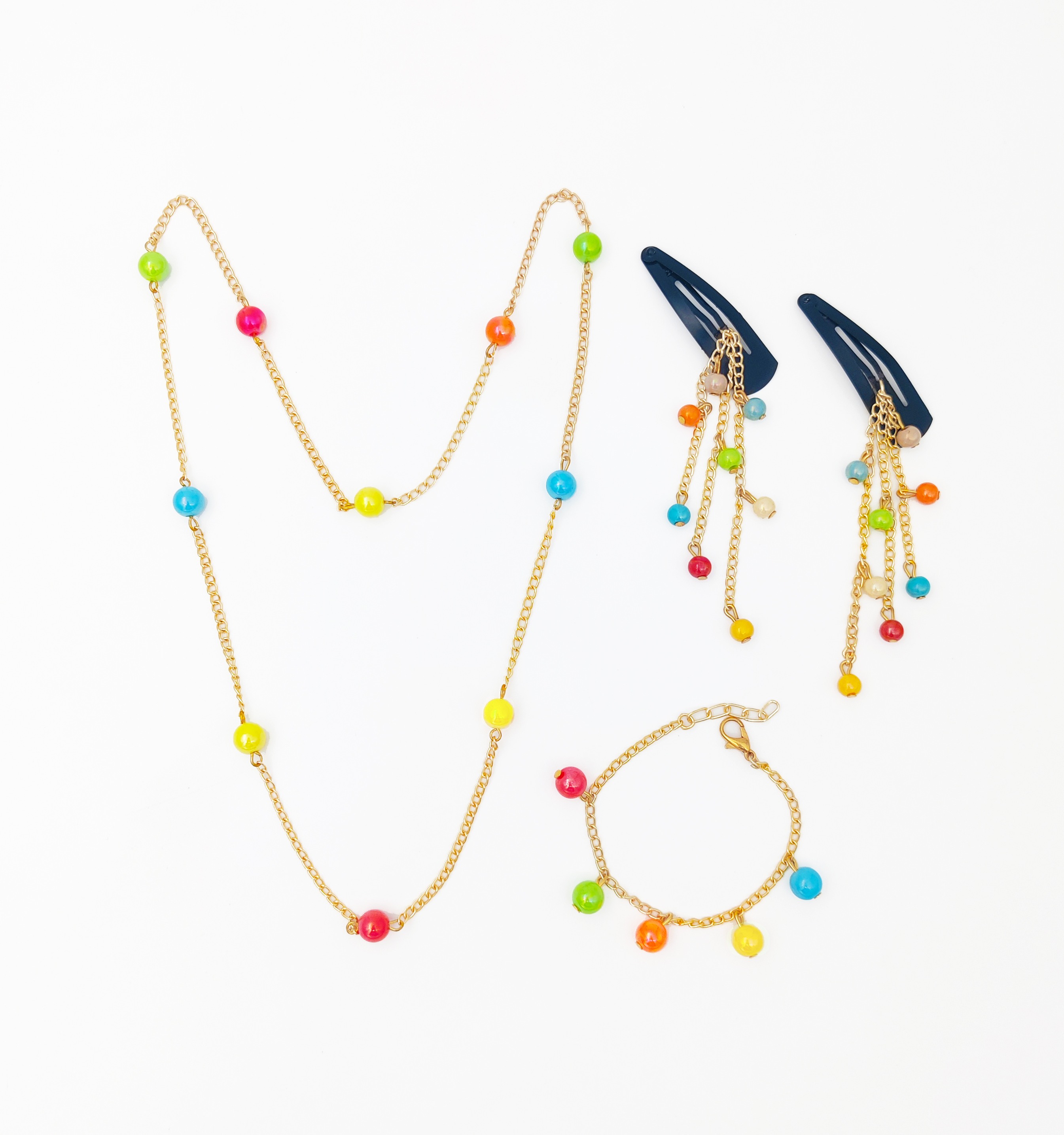 Set Of Neck Chain, Bracelet & Dangling Clips, Embellished with Colourful Beads