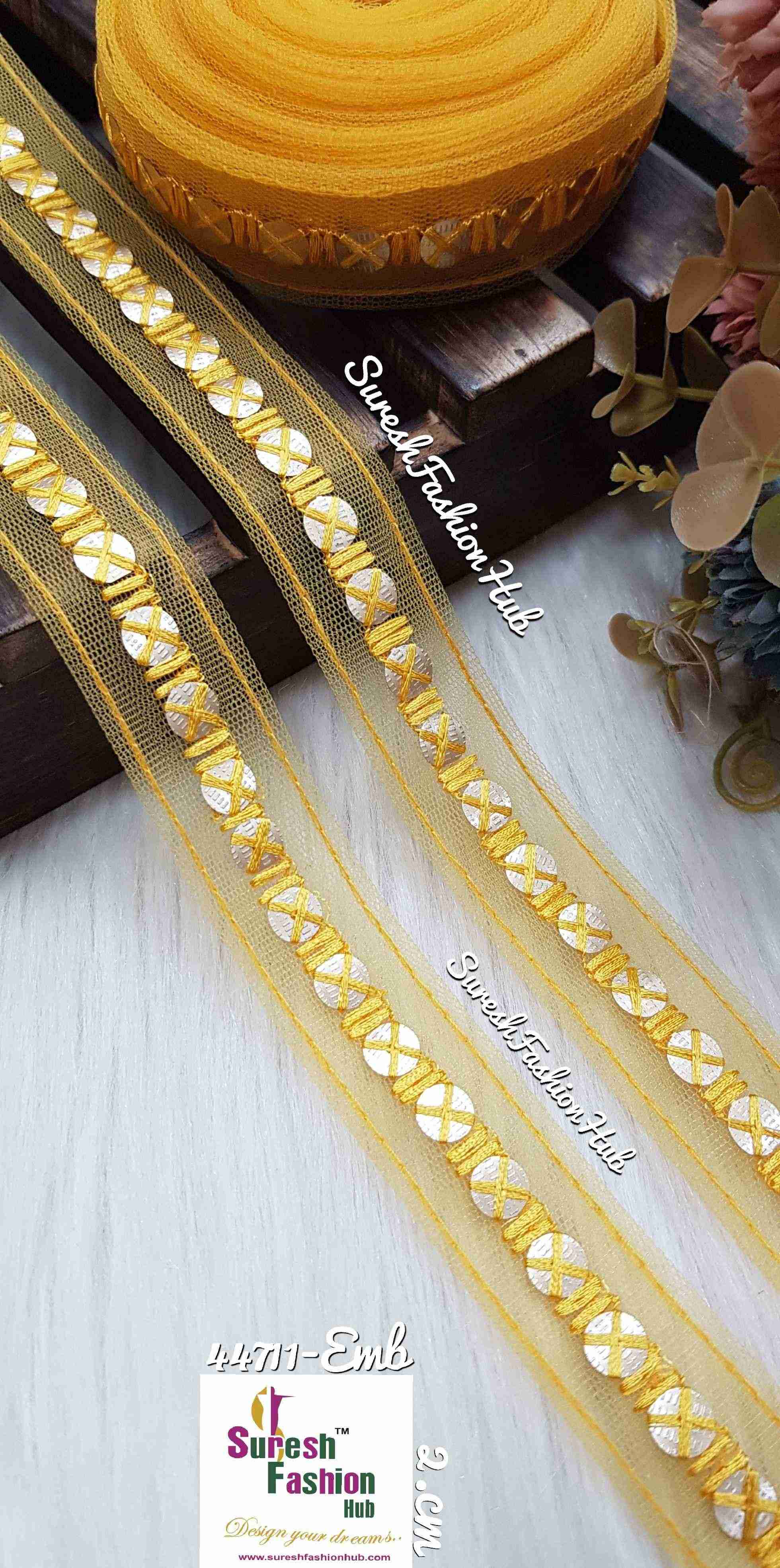 Yellow Net Touch Sequin Thread Lace