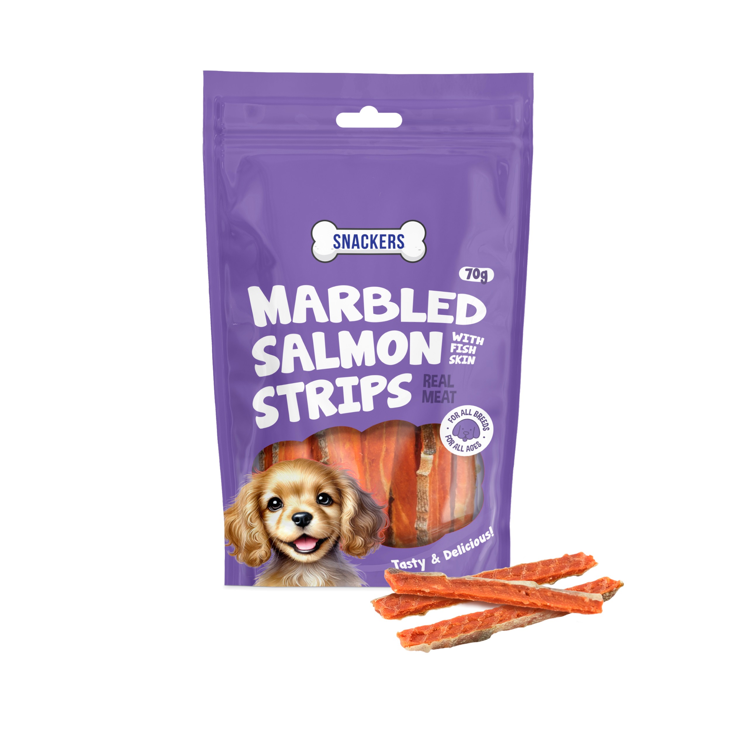 Snackers Marbled Salmon Strips (With Fish Skin) 70G CL – (Best Before Dec’26)