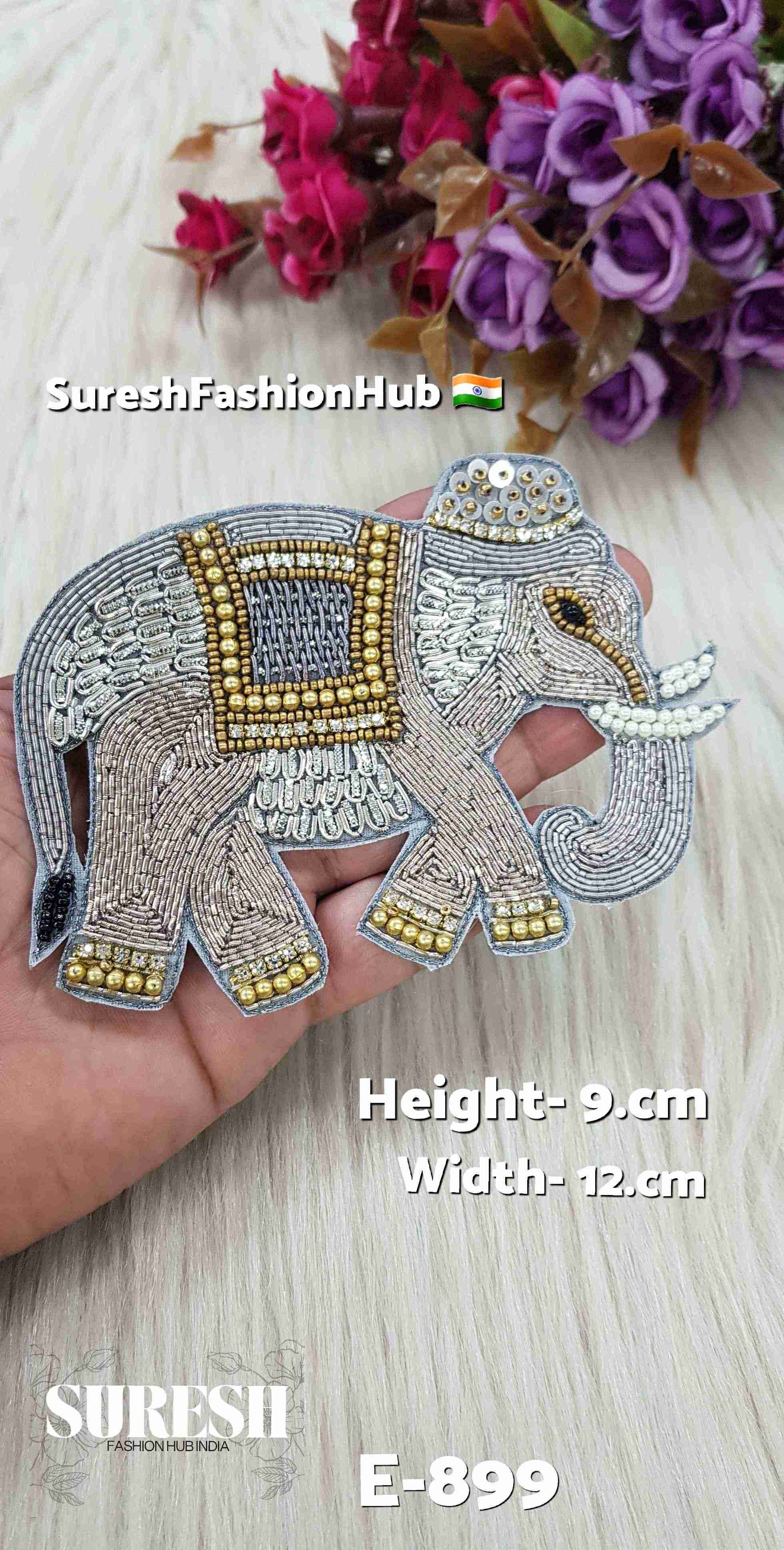 Grey Zardosi Elephant Patch – Right Facing | E-899