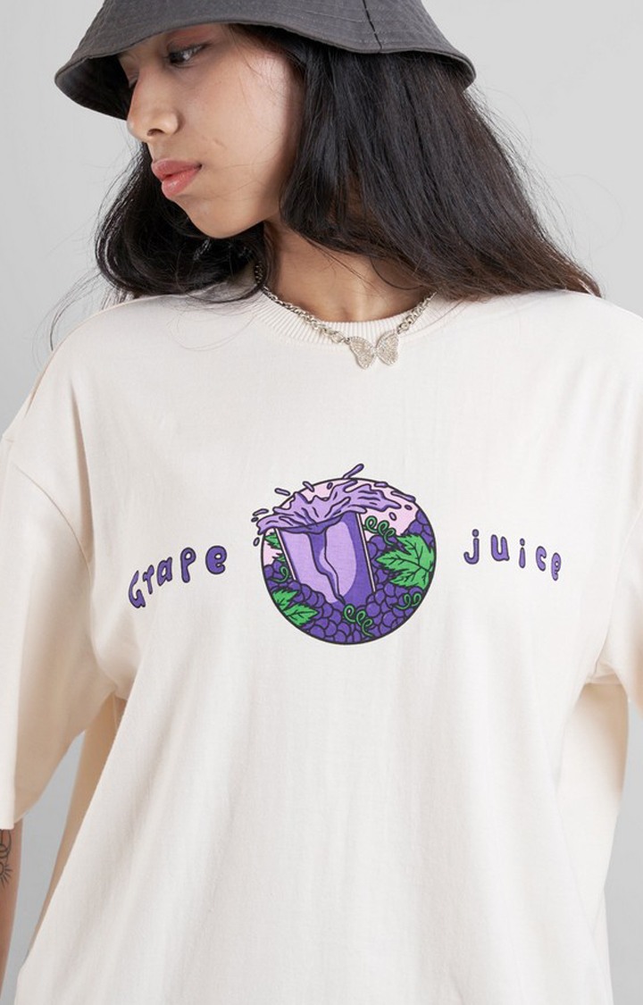 Unisex Grape White Printed Cotton Oversized T-Shirt