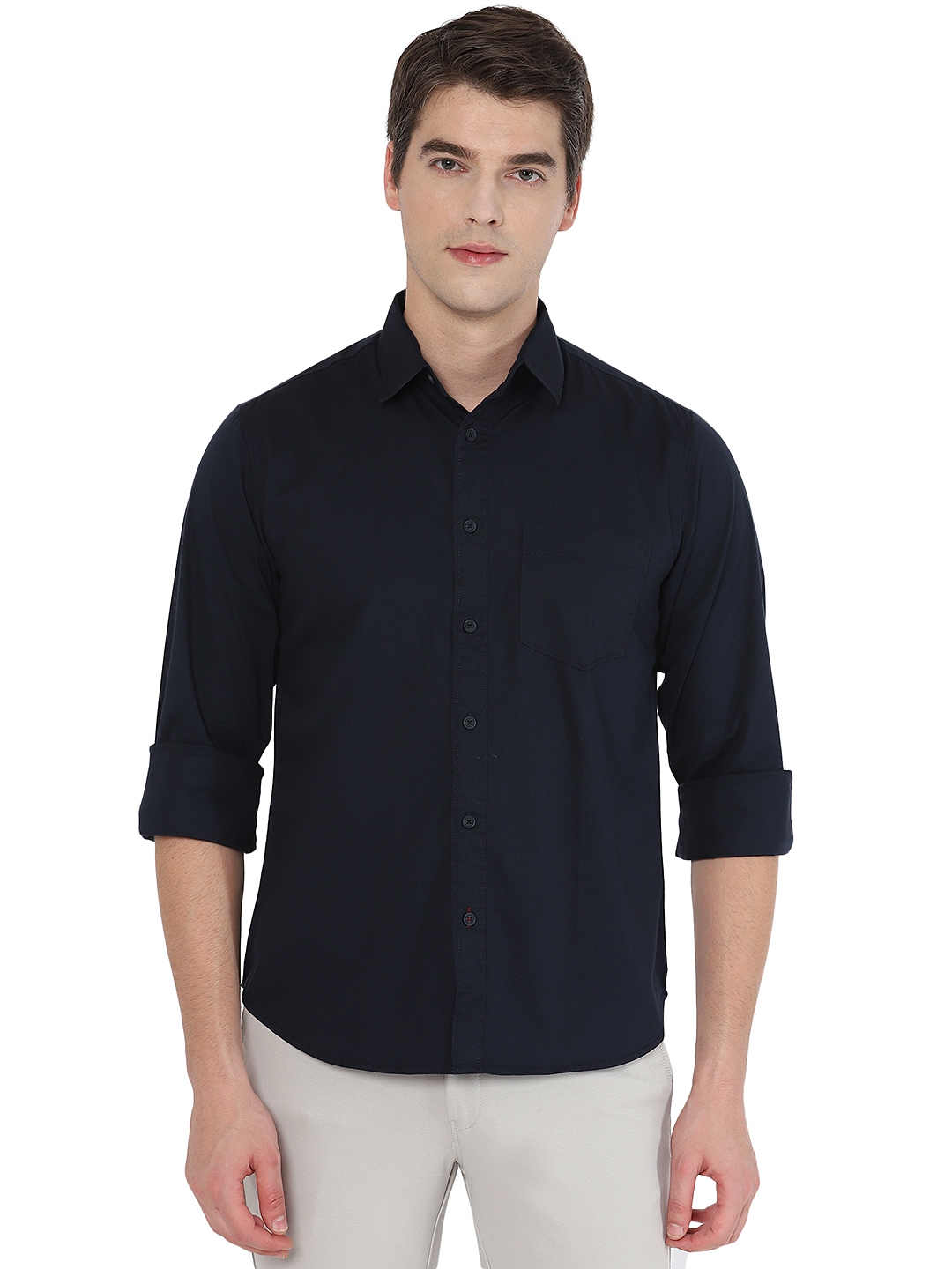 Greenfibre | Navy Blue Solid Slim Fit Semi Casual Shirt | Greenfibre 0