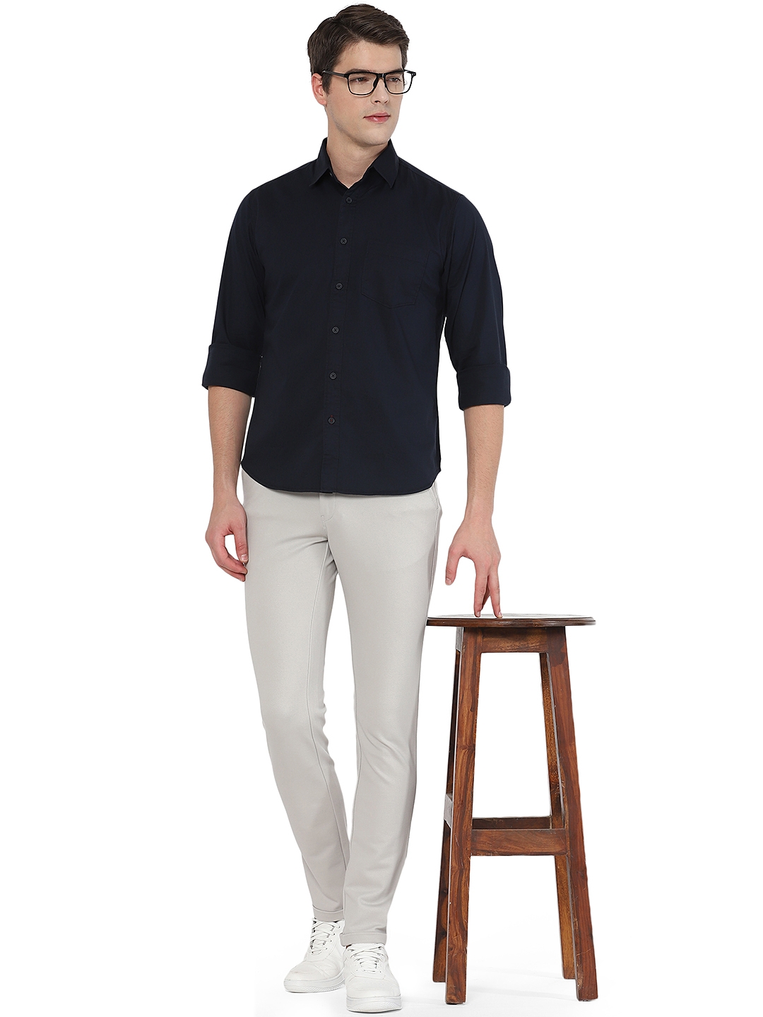 Greenfibre | Navy Blue Solid Slim Fit Semi Casual Shirt | Greenfibre 3