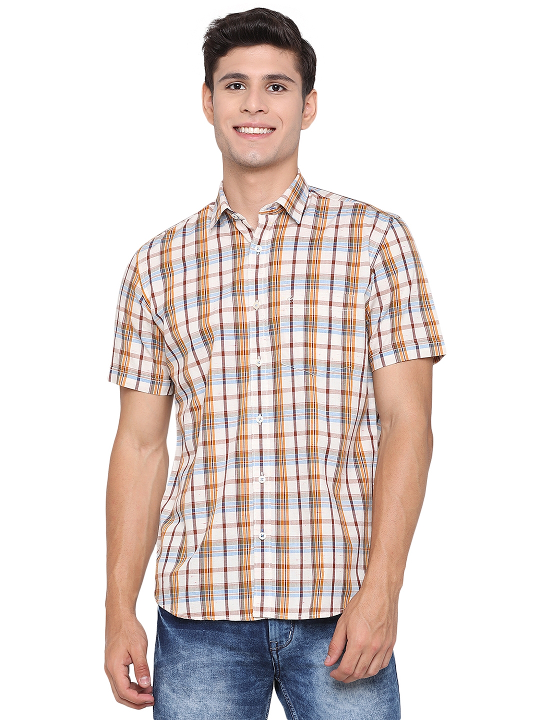 Greenfibre | Antique White Checked Slim Fit Casual Shirt | Greenfibre 0