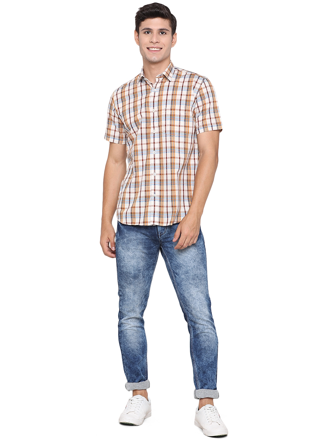 Greenfibre | Antique White Checked Slim Fit Casual Shirt | Greenfibre 3
