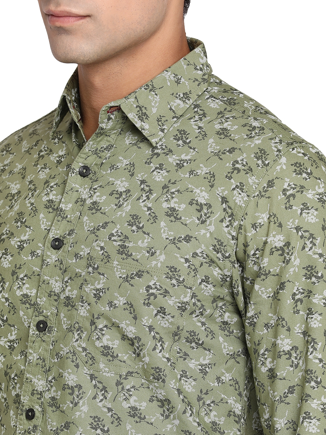 Greenfibre | Branch Olive Printed Slim Fit Semi Casual Shirt | Greenfibre 4
