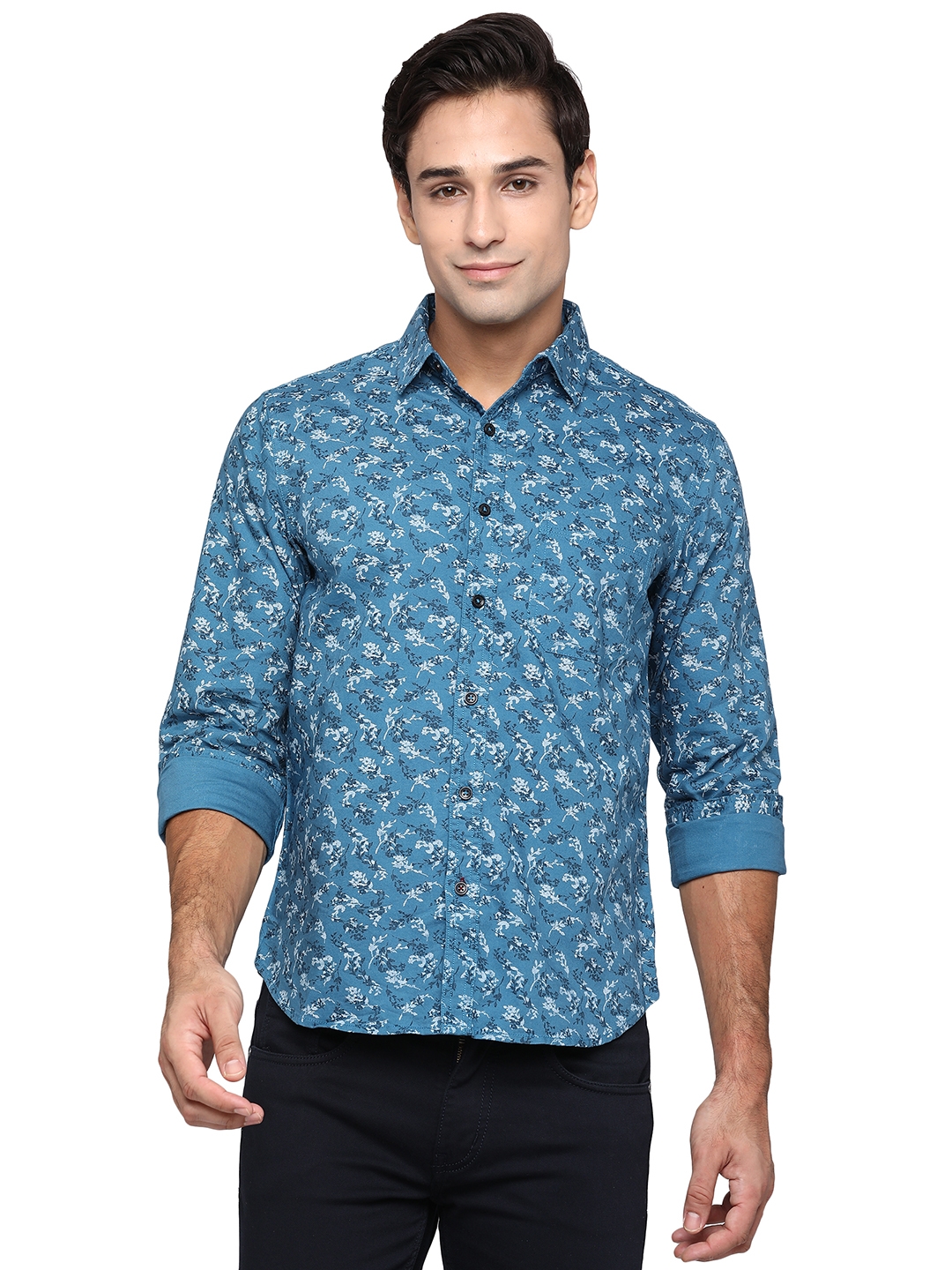 Greenfibre | Provincial Blue Printed Slim Fit Semi Casual Shirt | Greenfibre 0