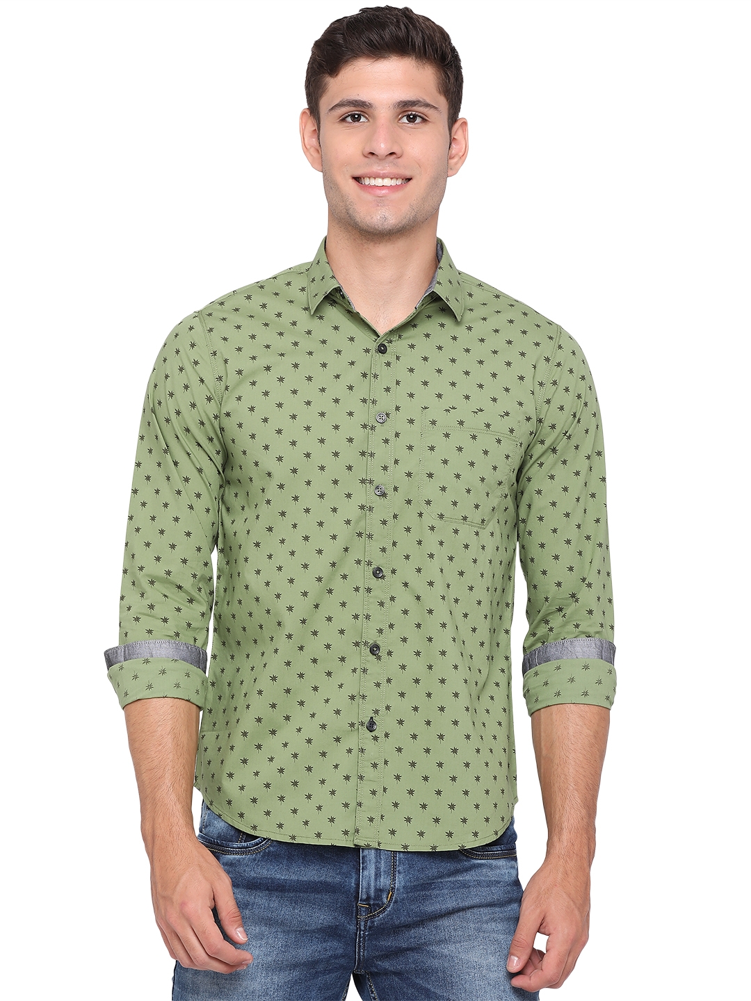 Greenfibre | Meadow Green Printed Slim Fit Semi Casual Shirt | Greenfibre 0