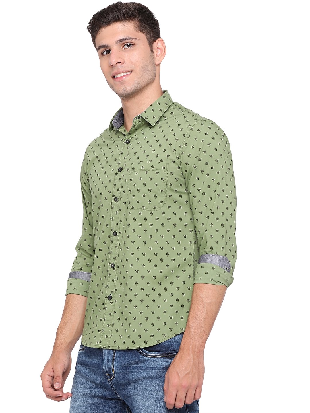 Greenfibre | Meadow Green Printed Slim Fit Semi Casual Shirt | Greenfibre 1