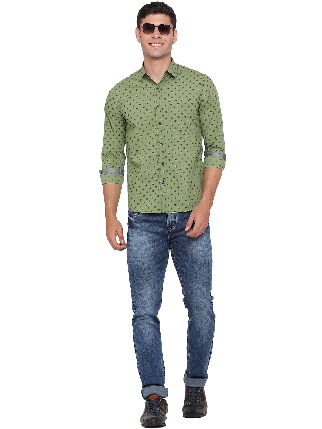 Greenfibre | Meadow Green Printed Slim Fit Semi Casual Shirt | Greenfibre 3