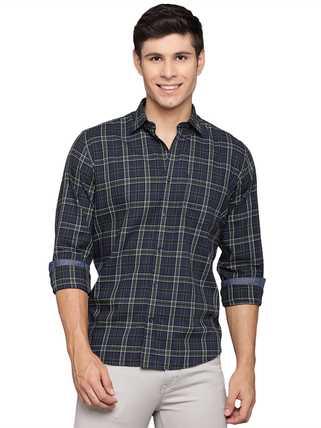 Greenfibre | Insignia Blue Checked Slim Fit Casual Shirt | Greenfibre 0