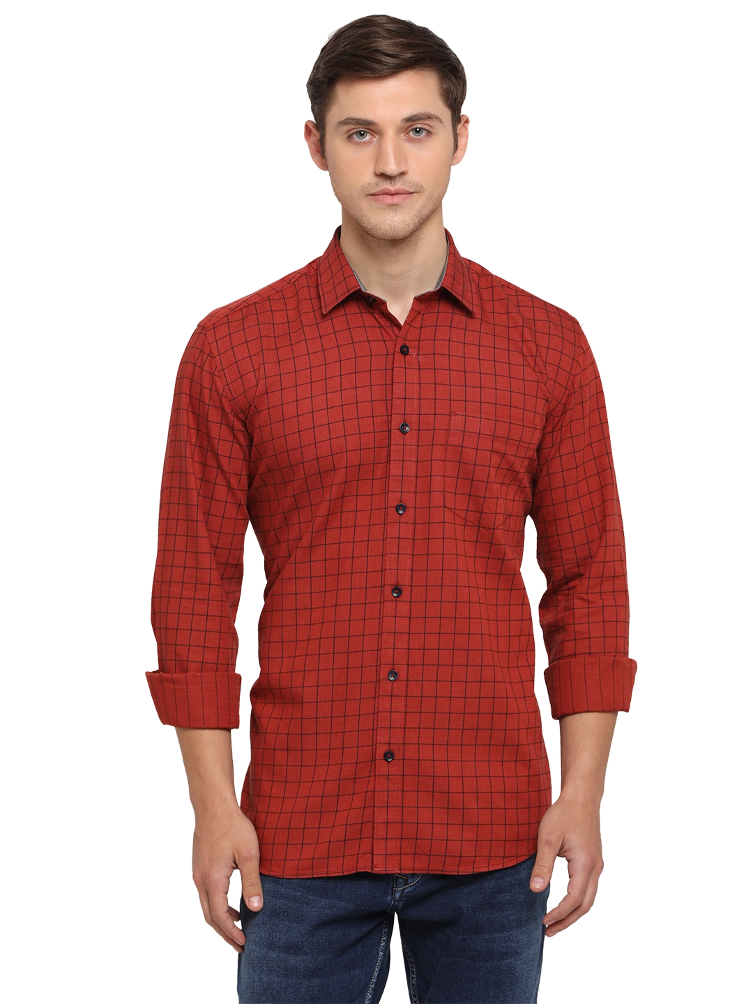 Greenfibre | Red Checked Smart Fit Semi Casual Shirt | Greenfibre 0