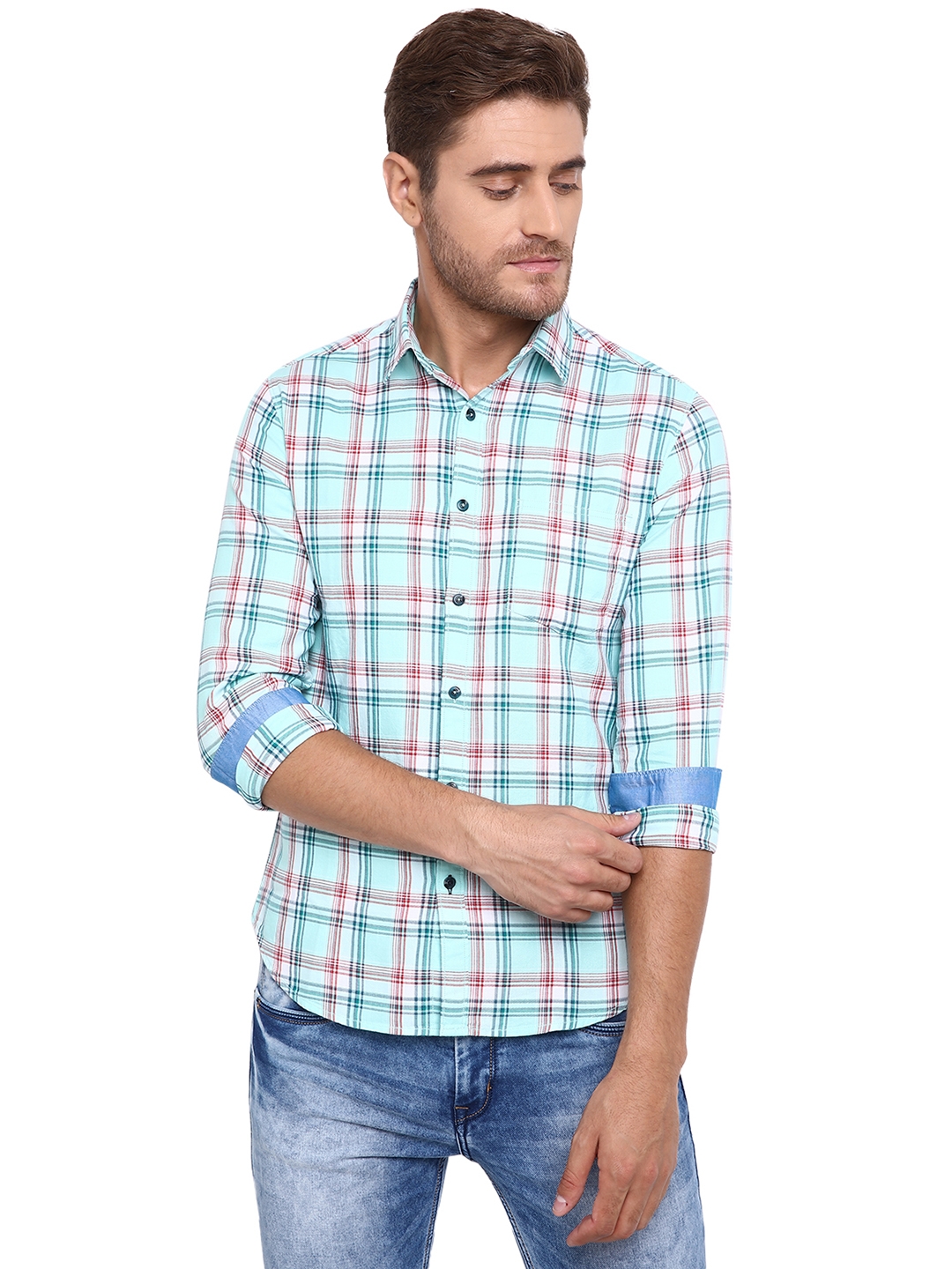 Greenfibre | Sky Blue Checked Slim Fit Casual Shirt | Greenfibre 0