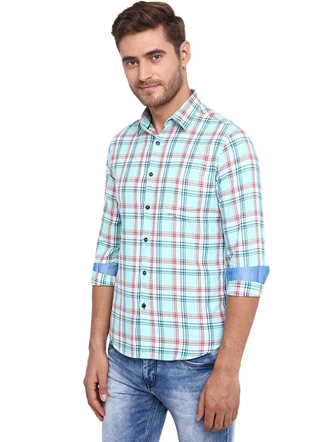 Greenfibre | Sky Blue Checked Slim Fit Casual Shirt | Greenfibre 1