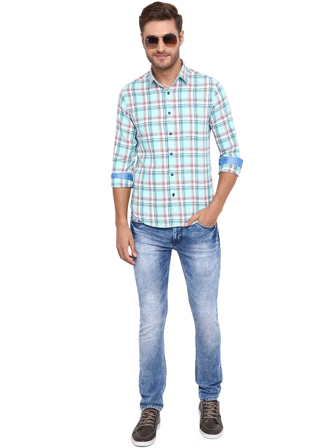Greenfibre | Sky Blue Checked Slim Fit Casual Shirt | Greenfibre 3