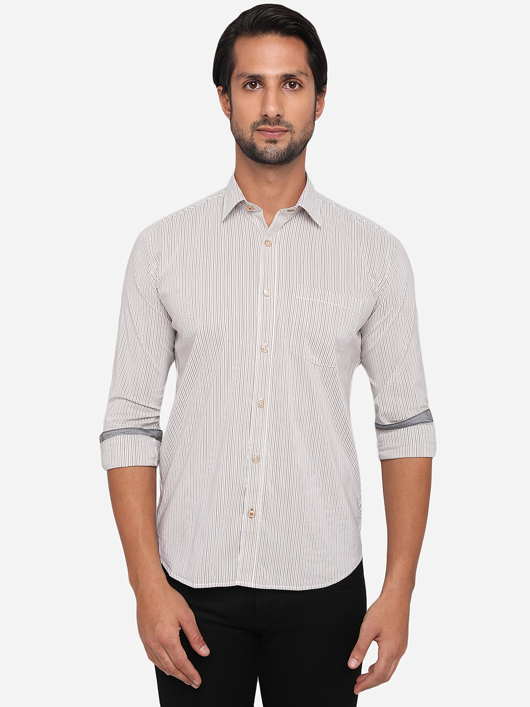 Greenfibre | White & Brown Striped Slim Fit Semi Casual Shirt | Greenfibre 0